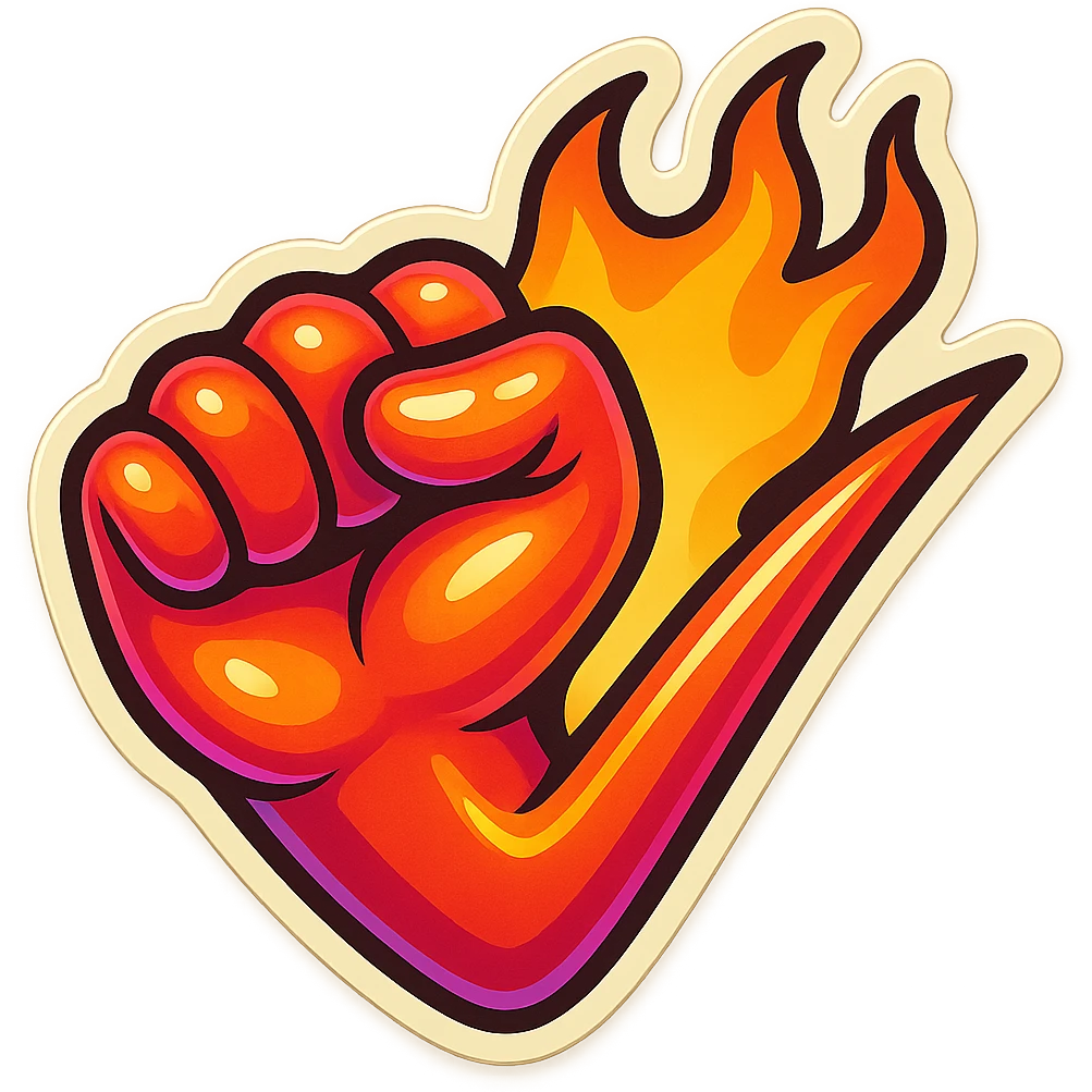 horizontal flaming fist, emoji, red vibrant neon gradient, sticker border white, matching reference file emoji