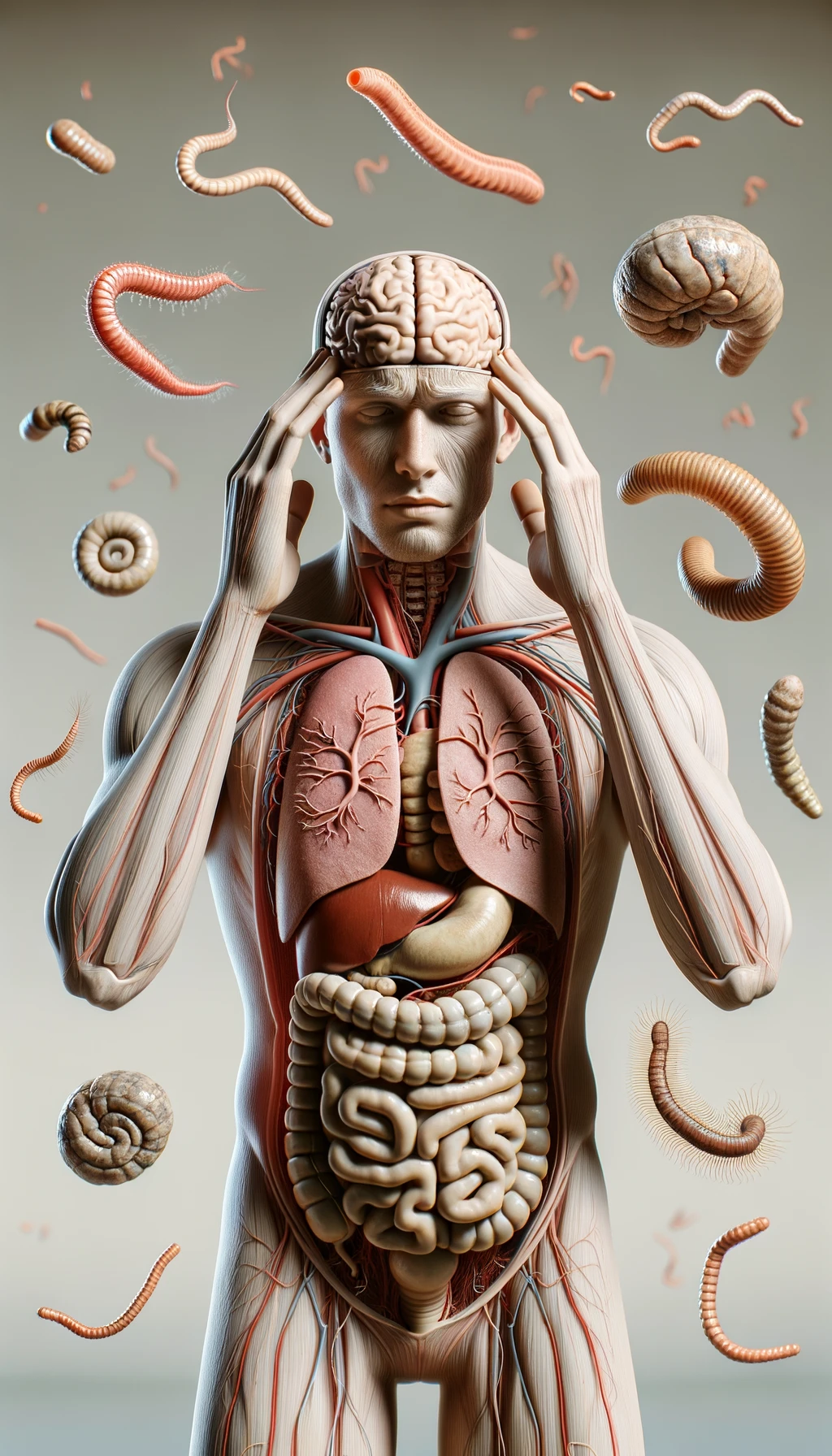 CORPO UMANO ANATOMICO CON MANI SULLE TEMPIE STRESSATO, INTORNO A LUI FLUTTUANO PARASSITI COME LA TENIA, INTESTINO E CERVELLO ANATOMICI IN EVIDENZA, SFONDO CHIARO NEUTRO, IPERREALISTICO 4K emoji