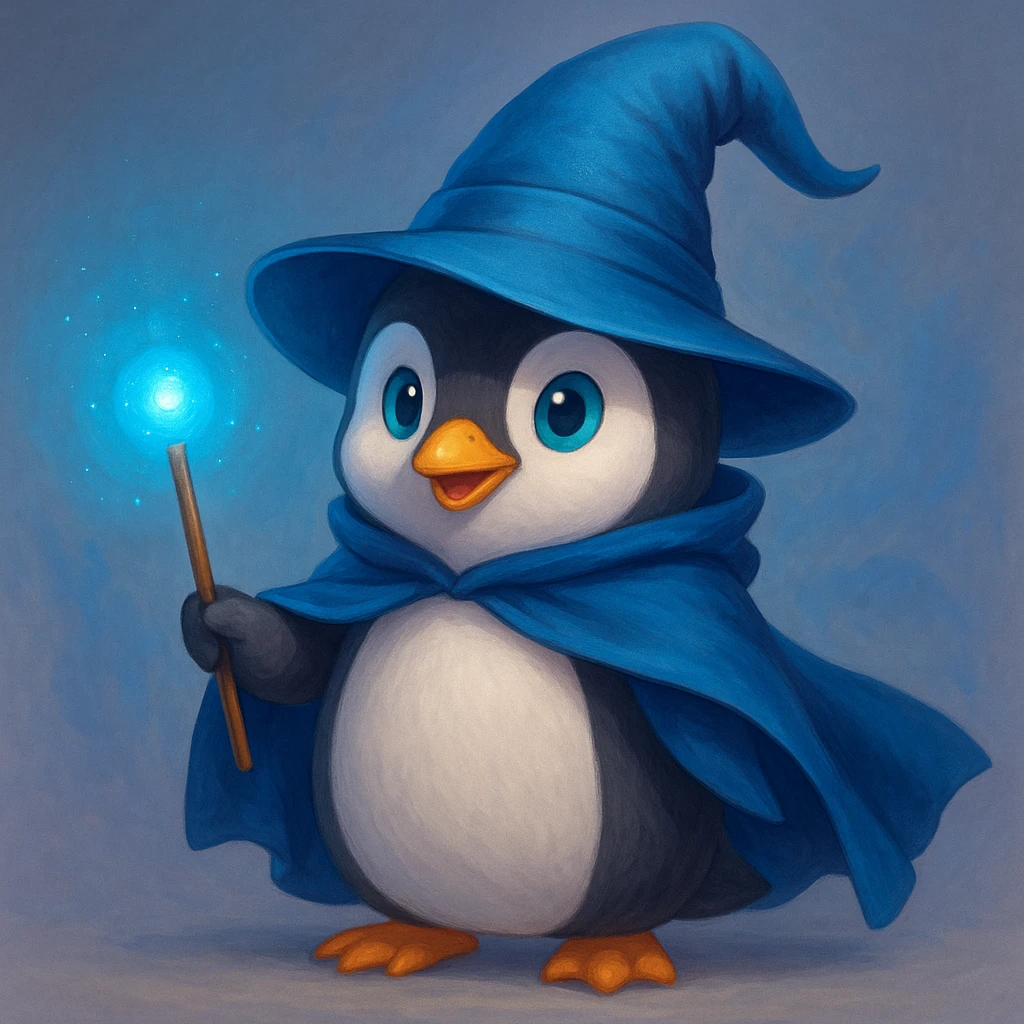 A penguin wizard with a pointy hat and a magic wand and a blue cape emoji