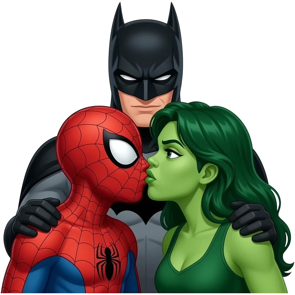 Spider man and hulk woman kiss kiss creepy, batman behind her. bust size view emoji