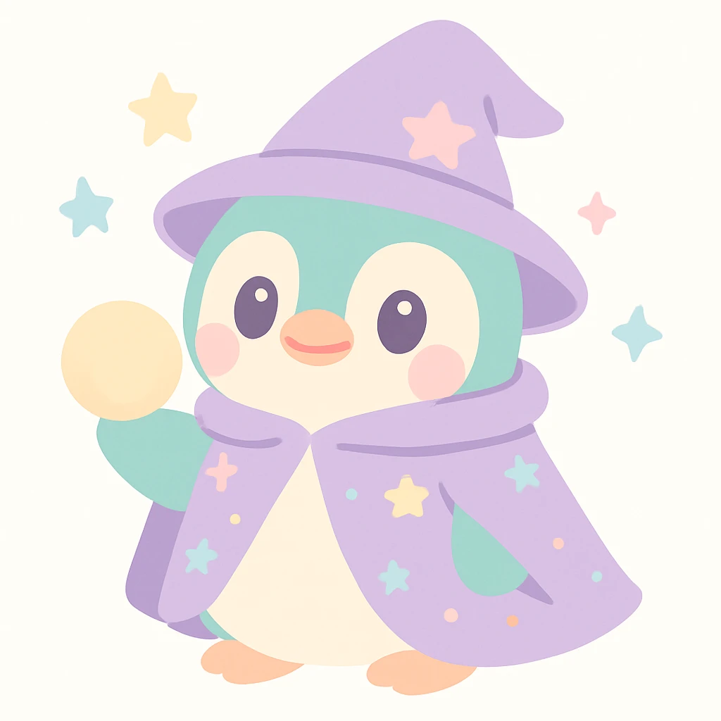 a chubby penguin in wizard attire, with a starry cloak and a glowing orb, looking wise and mystical emoji