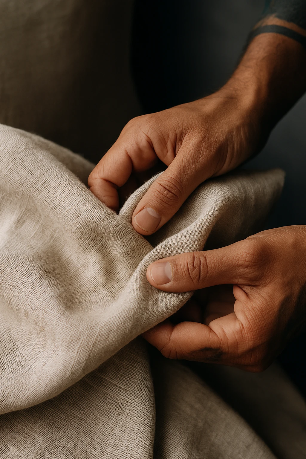 Primo piano di mani che toccano tessuto di lino grezzo, texture naturale dettagliata, colori puri e genuini, luce che rivela la bellezza delle imperfezioni naturali, mentre i sintetici appaiono artificiali e freddi in secondo piano emoji