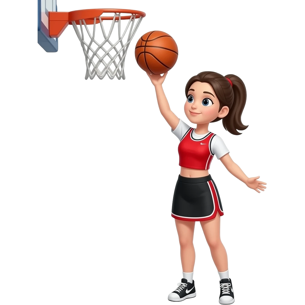 create a girl throwing a ball into a basket ball net but with no back board so just the net. She is wearing a sports vest and skirt emoji