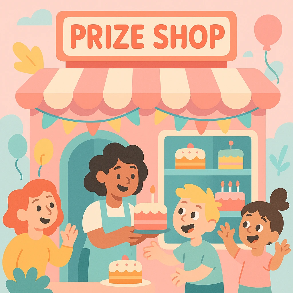 pastel pink cake shop with a 'Prize Shop' sign above the entrance, surrounded by pastel decorations, cakes on display, light and airy pastel illustration style emoji