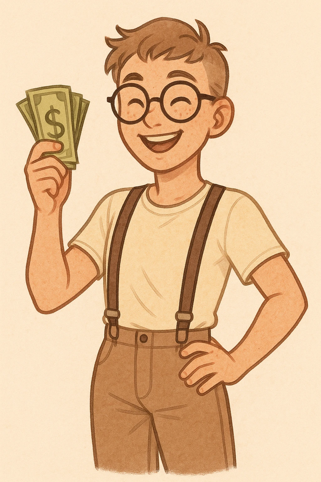 An agender character with a nerdy style (glasses, suspenders), smiling and holding money in one hand, gender-neutral features. emoji