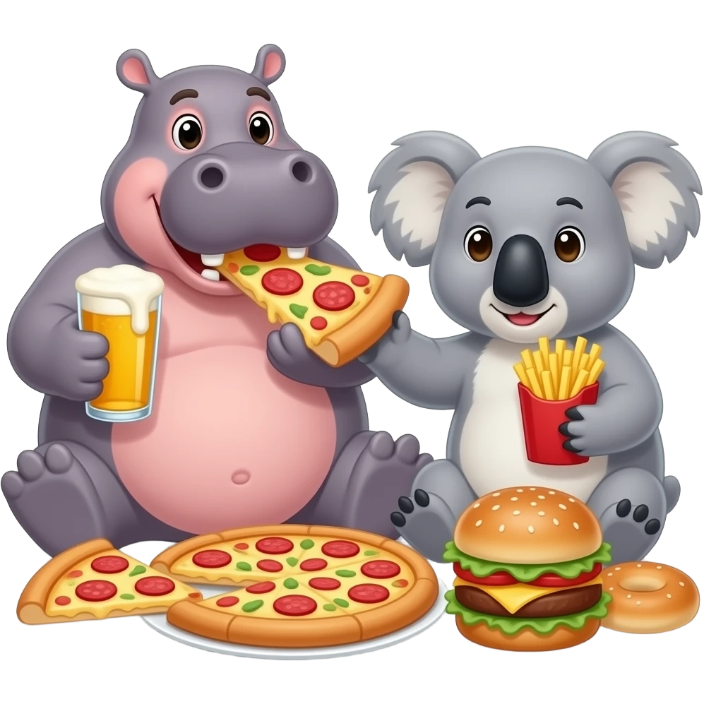 hippo and koala being fat together eating sooo much food together fat pizza beer burger fries bagels emoji