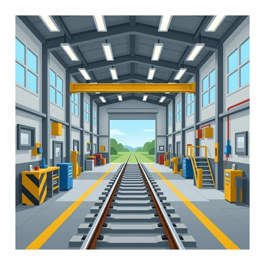 inside train maintence depot building single track perspective emoji