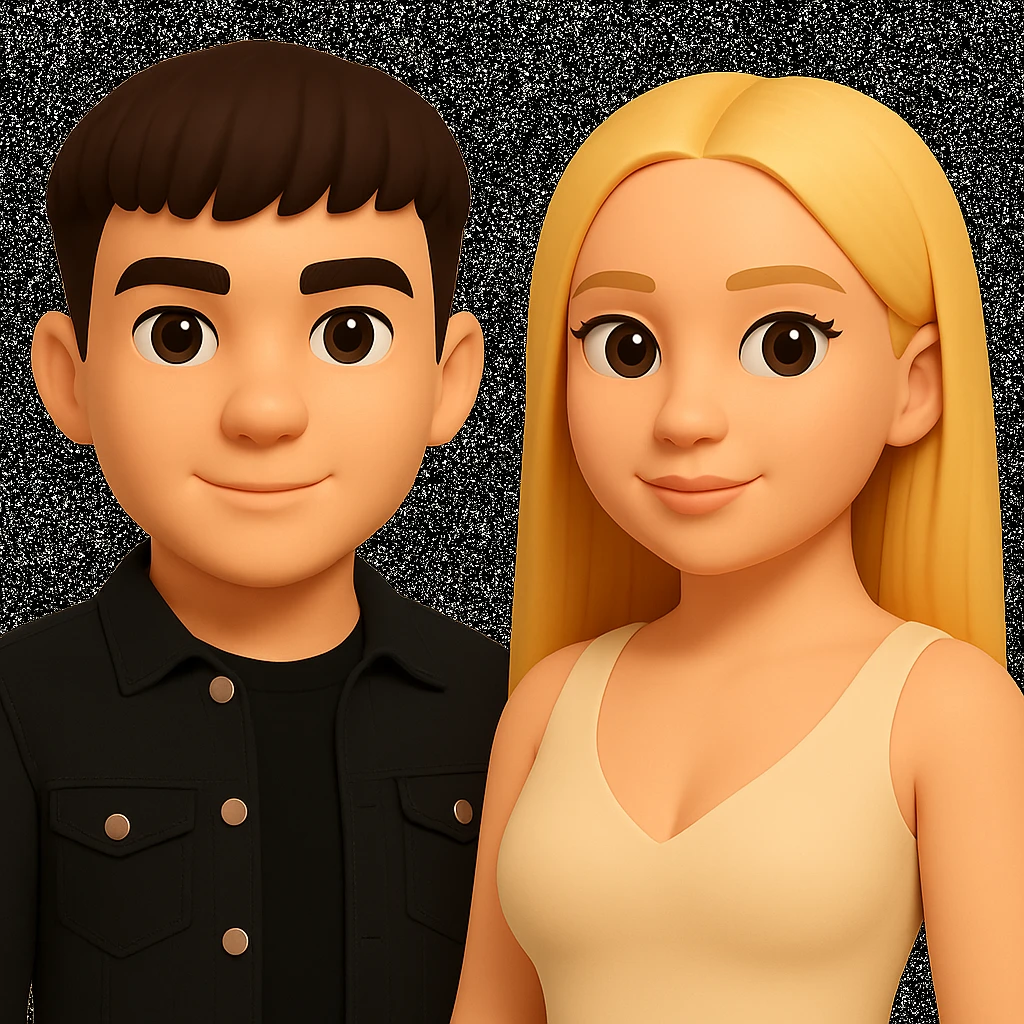 In the style of 3D Emoji, slightly increase the volume of the upper body of the girl, separate the girl and the boy from each other, and make the skin color the same for both characters. emoji