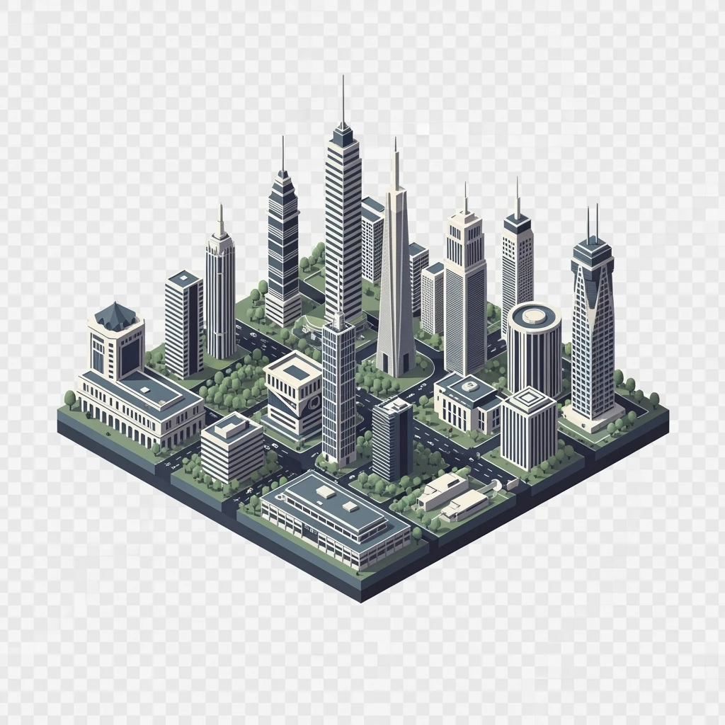 Isometric minimalistic illustration of mix Guangzhou, Shenzhen and Dongguan subtle 3D miniature effect and Tilt Shift effect, no cartoonish look, transparent background. emoji