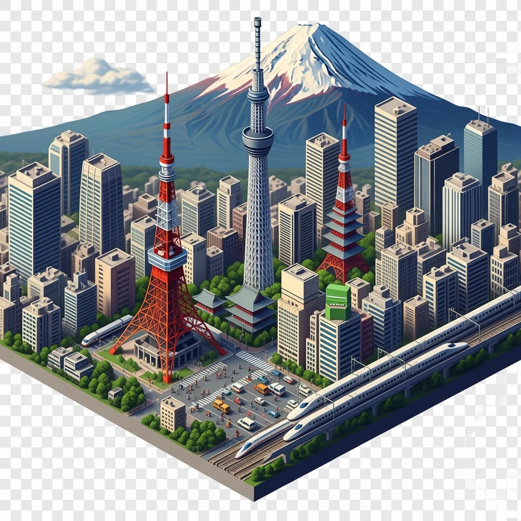 Isometric illustration of Tokyo, with photorealistic detailed miniature cityscape included Tokyo Tower, Skytree, Shibuya Crossing, Mount Fuji in background, high-speed trains, subtle 3D miniature effect and Tilt Shift effect, no cartoonish look, transparent background. emoji