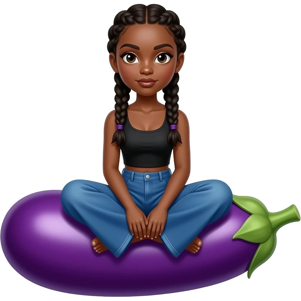 a black girl sitting on an eggplant with crossed legs wearing a baggy blue trousers with a slim fitted black top with knotless braids a hair style emoji
