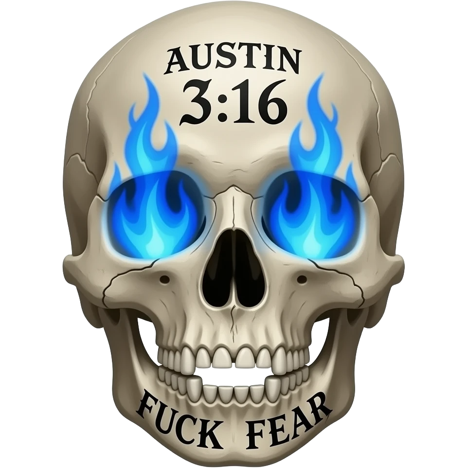 Forward facing human skull, skull pieces missing, FUCK FEAR carved on jaw, same gothic font, slightly open, teeth slightly chipped, Austin 3:16 stacked, carved in forehead, eye & nose cavity with intense blue flames, words in a BLACK GOTHIC FONT, entire skull is aged, sun dried, weathered emoji