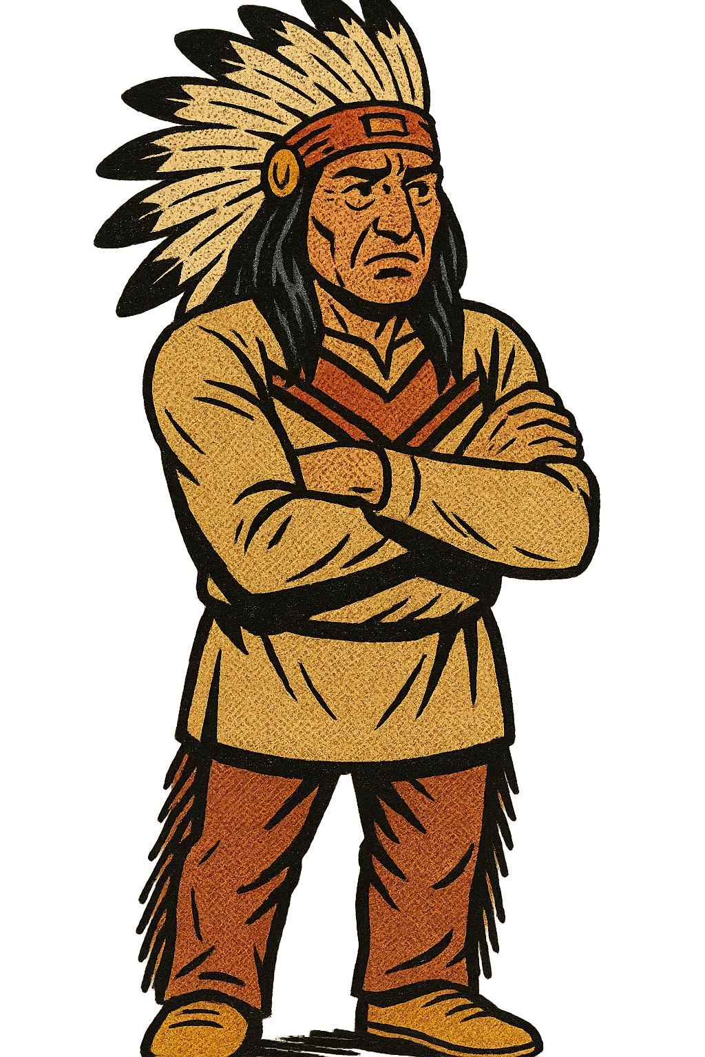 The full body of A native American Indian chief from the 1800s standing looking concerned with his arms crossed emoji