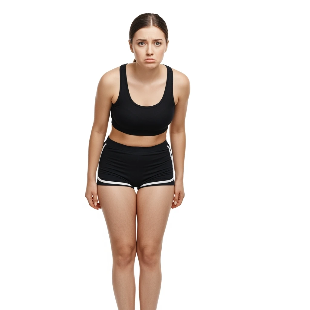 donna giovane con cellulite buchi di cellulite e ritenzione in gym short leggermente piegata in avanti, con espressione dispiaciuta in volto isolata su sfondo bianco emoji