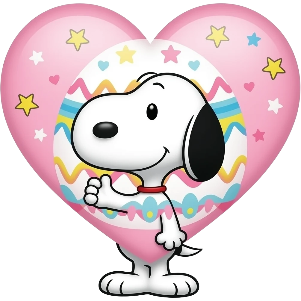 Bigger heart with cute easter design inside with small snoopy holding the oversized heart over his head emoji