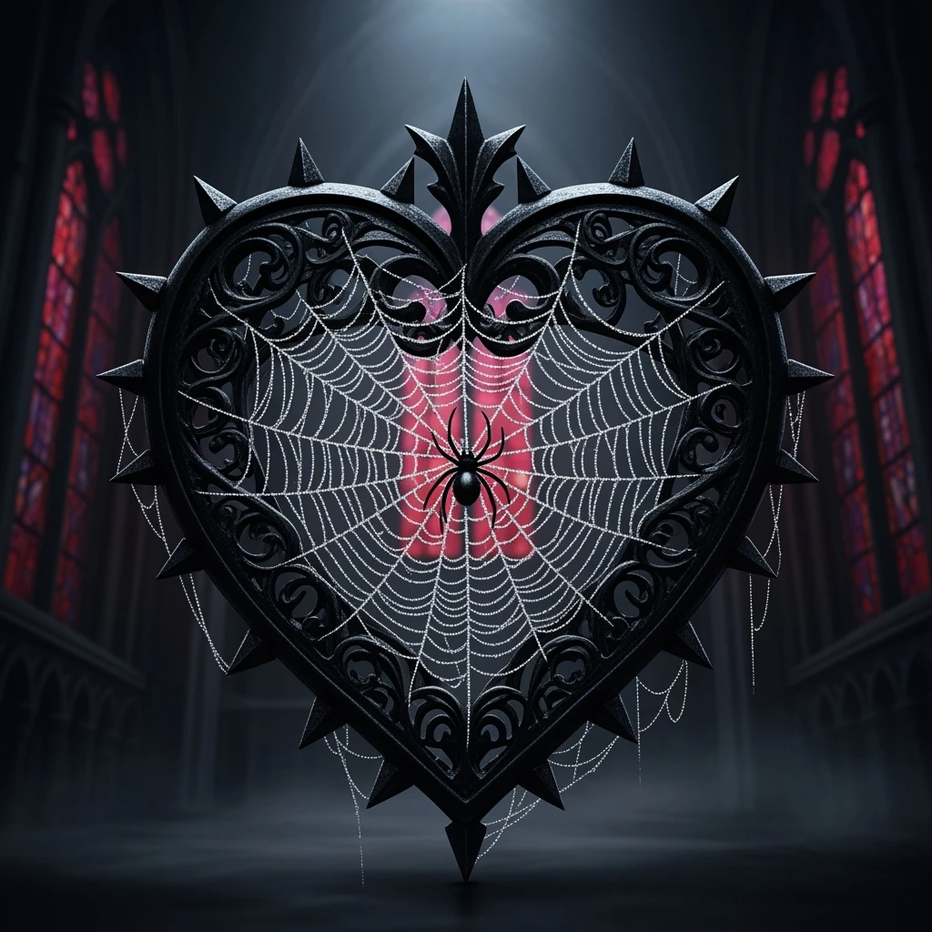 gothic heart with a spiderweb, dark and moody gothic style emoji