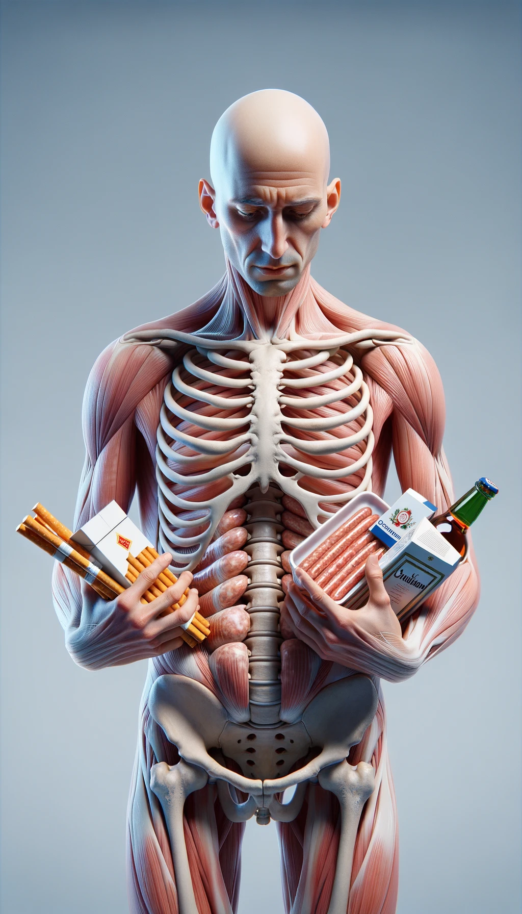 CORPO UMANO ANATOMICO CHE TRA LE BRACCIA SIGARETTE, ALCOL E WURSTEL CONFEZIONATI, LI GUARDA CON ESPRESSIONE INDECISA IN VOLTO, NEUTRAL CLEAR BACKGROUND, iperrealistico 4k emoji