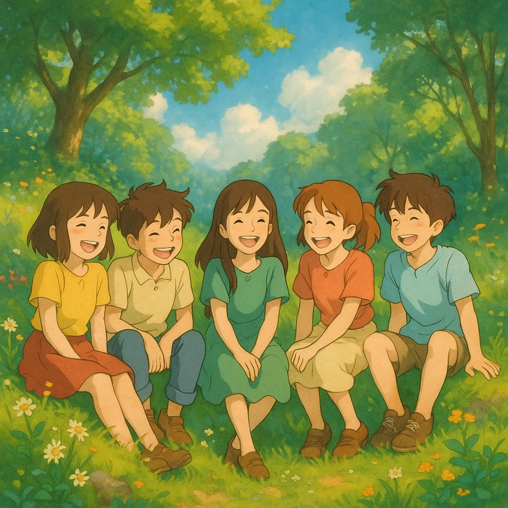 Three girls and two boys sitting together on a grassy hill, smiling and laughing, in a Ghibli-style scene with lush backgrounds and magical atmosphere. emoji