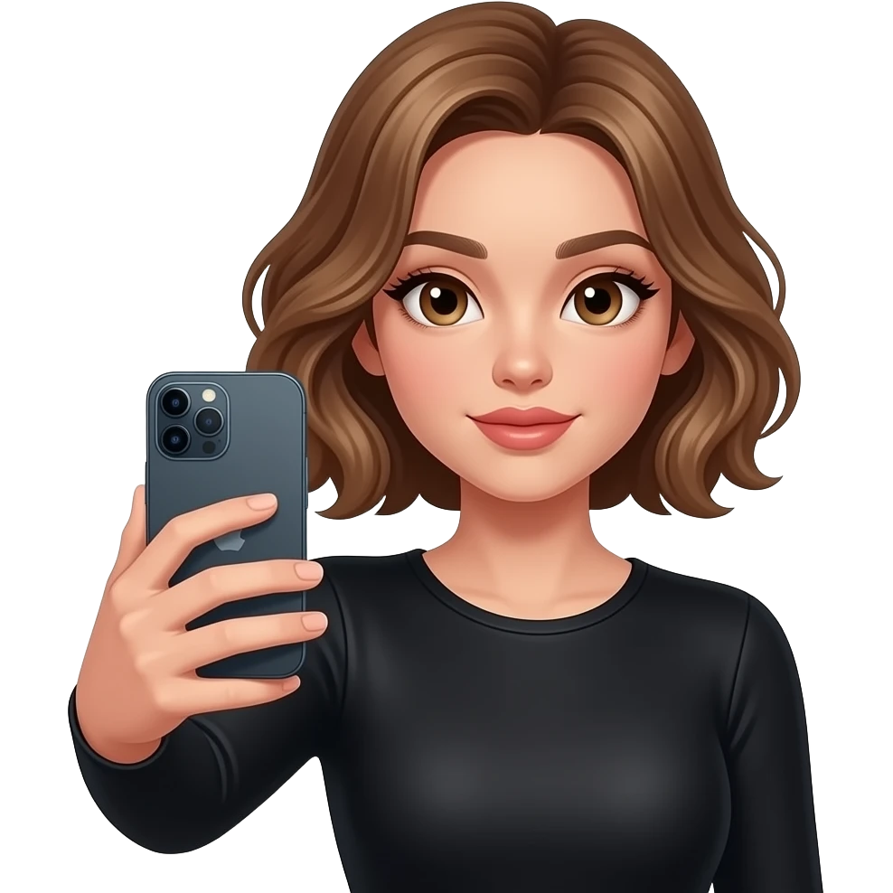 glamours,-tanned,-very-beautiful-girl,-with-big-pump-peach-beige-rose-lips,-long-long-lashes,-honey-silky-very short- hair,-wavy-hair,-hazel-eyes-in-black-long-sleeves-bodysuit- taking a selfie with her iPhone 16promax emoji
