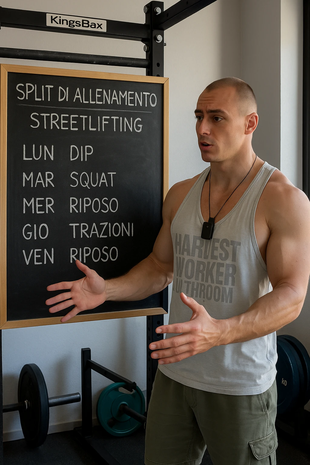uomo che spiega alla lavagna la "Split di Allenamento" per lo streetlifting. tutto in italiano emoji