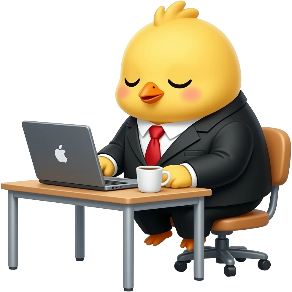 super cute kawaii baby chick office worker emoji, tiny yellow chick wearing an oversized black suit and red tie, sleepy eyes, sitting at a small desk with a laptop and coffee cup, working late at night, soft round shapes, chibi style, pastel colors, minimal emoji design emoji