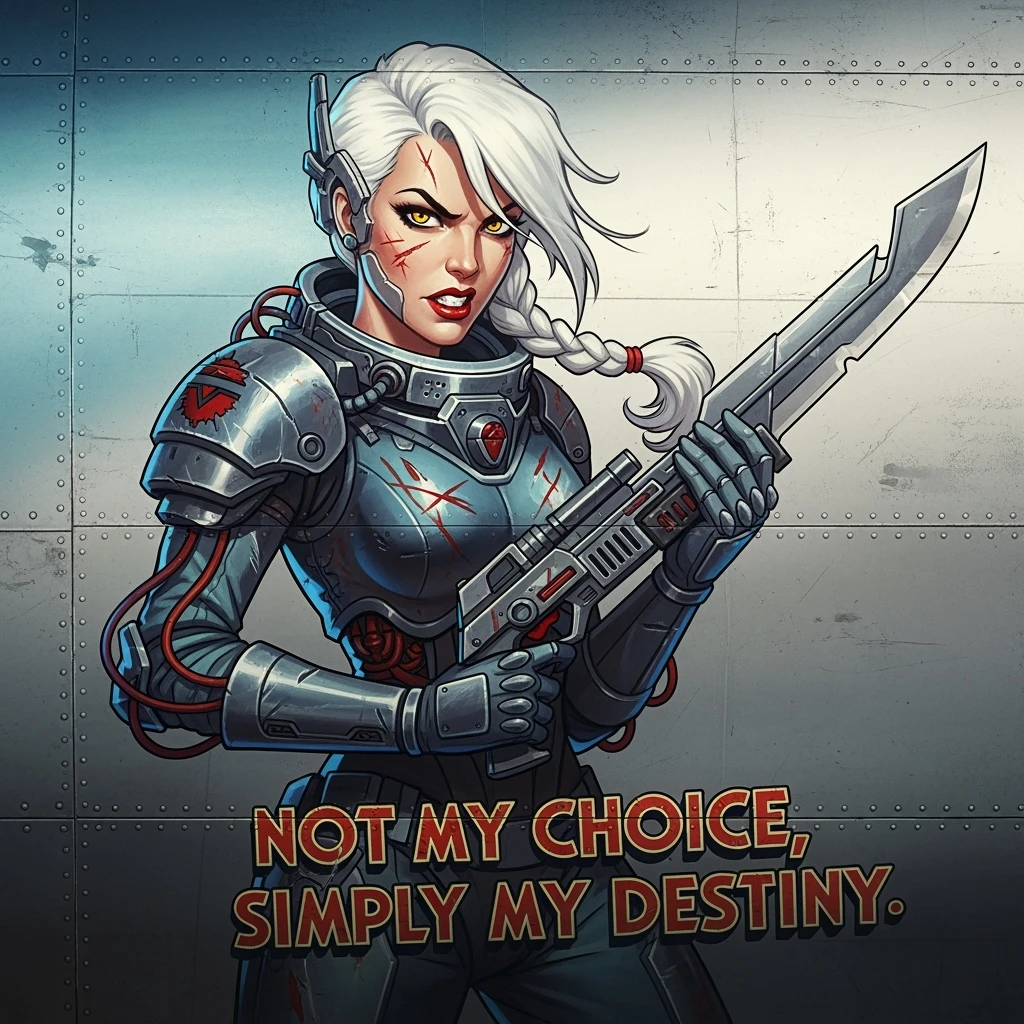 a retro military pinup fuselage decoration for the motto " not my choice, simply my destiny "
the female figure, white hair 1 braid, gold yellow eyes, spacer, fierce, exo-rogue, menacing emoji