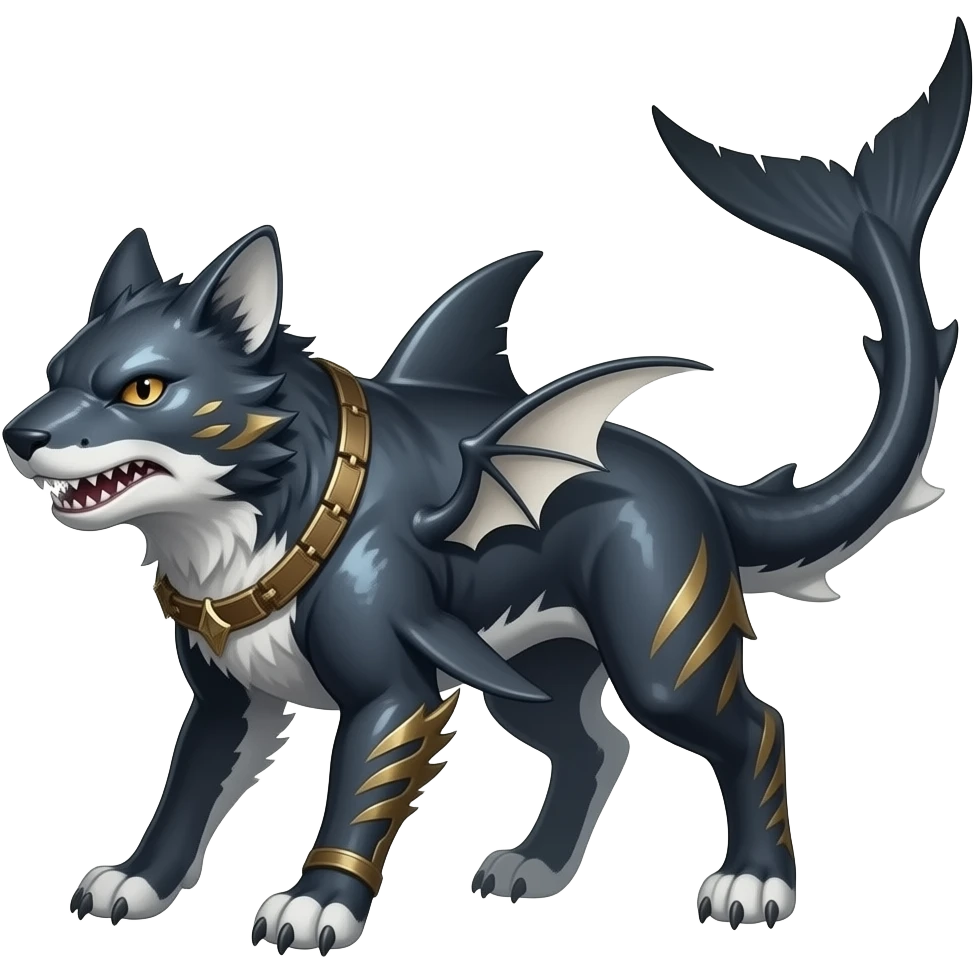 4-legged shimmering ruff rough digitigrade dark badass edgy landhai-Latias-Latios-carvanha-sharpedo-sergal-Manectric-Houndoom-Shark-Night-Fury-hybrid-fusion-creature, with a long shark tail behind, full body emoji