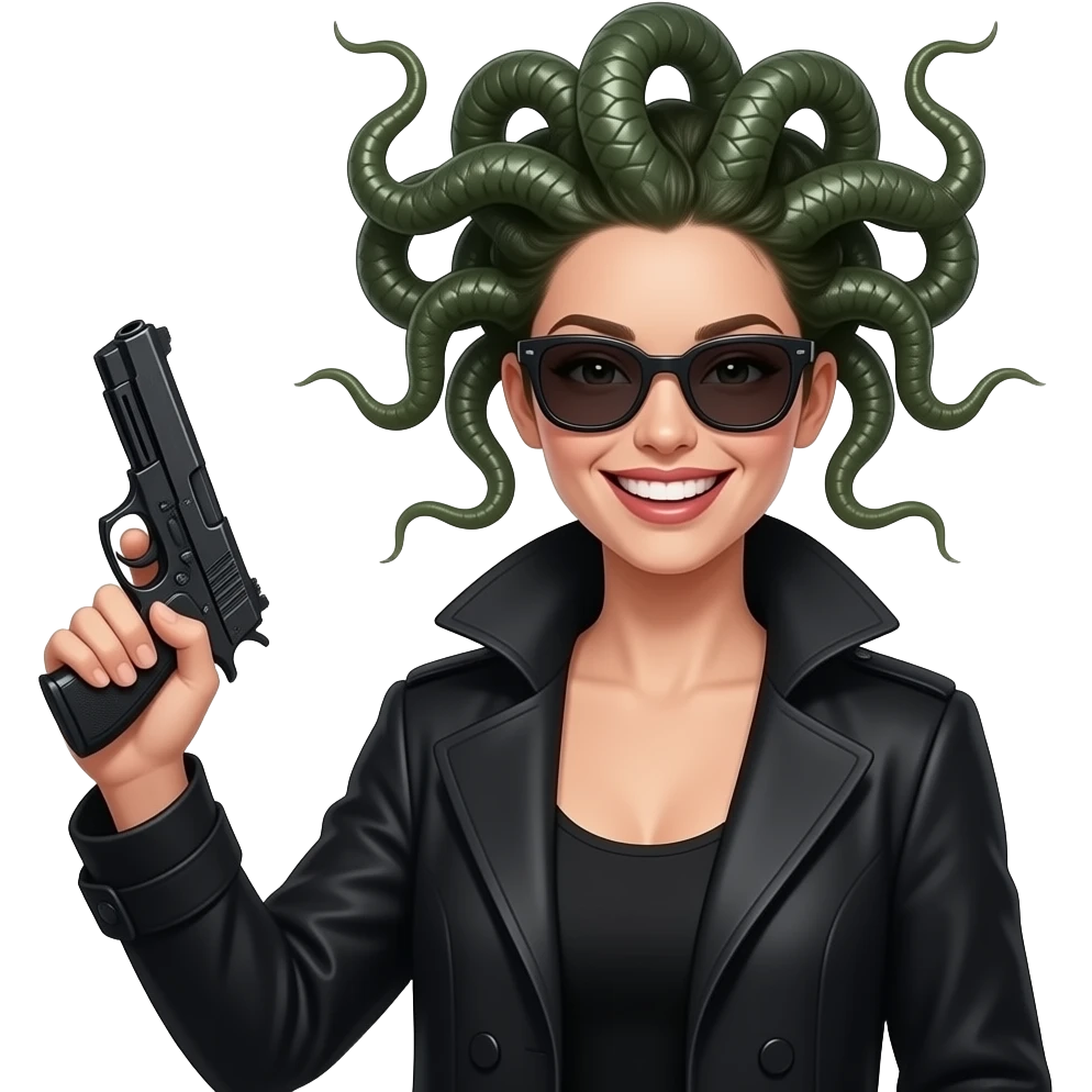 Laughing beautiful female Medusa in black coat with sunglasses holding gun emoji