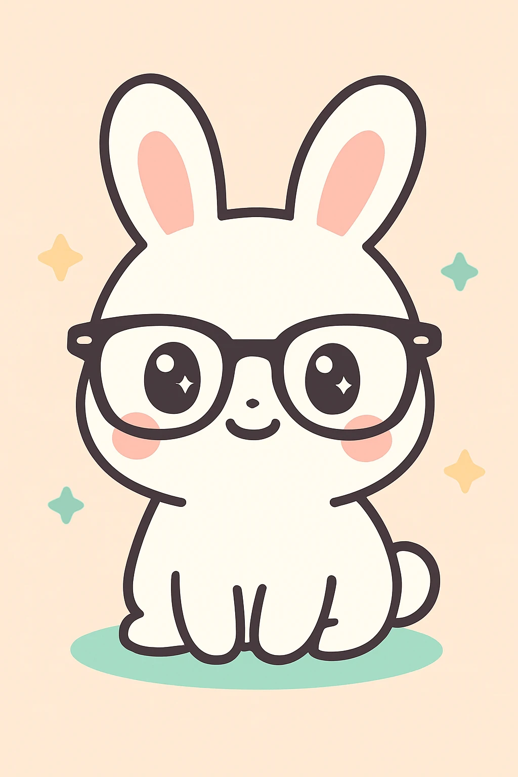 conejo blanco con gafas RayBan clásicas, estilo kawaii emoji