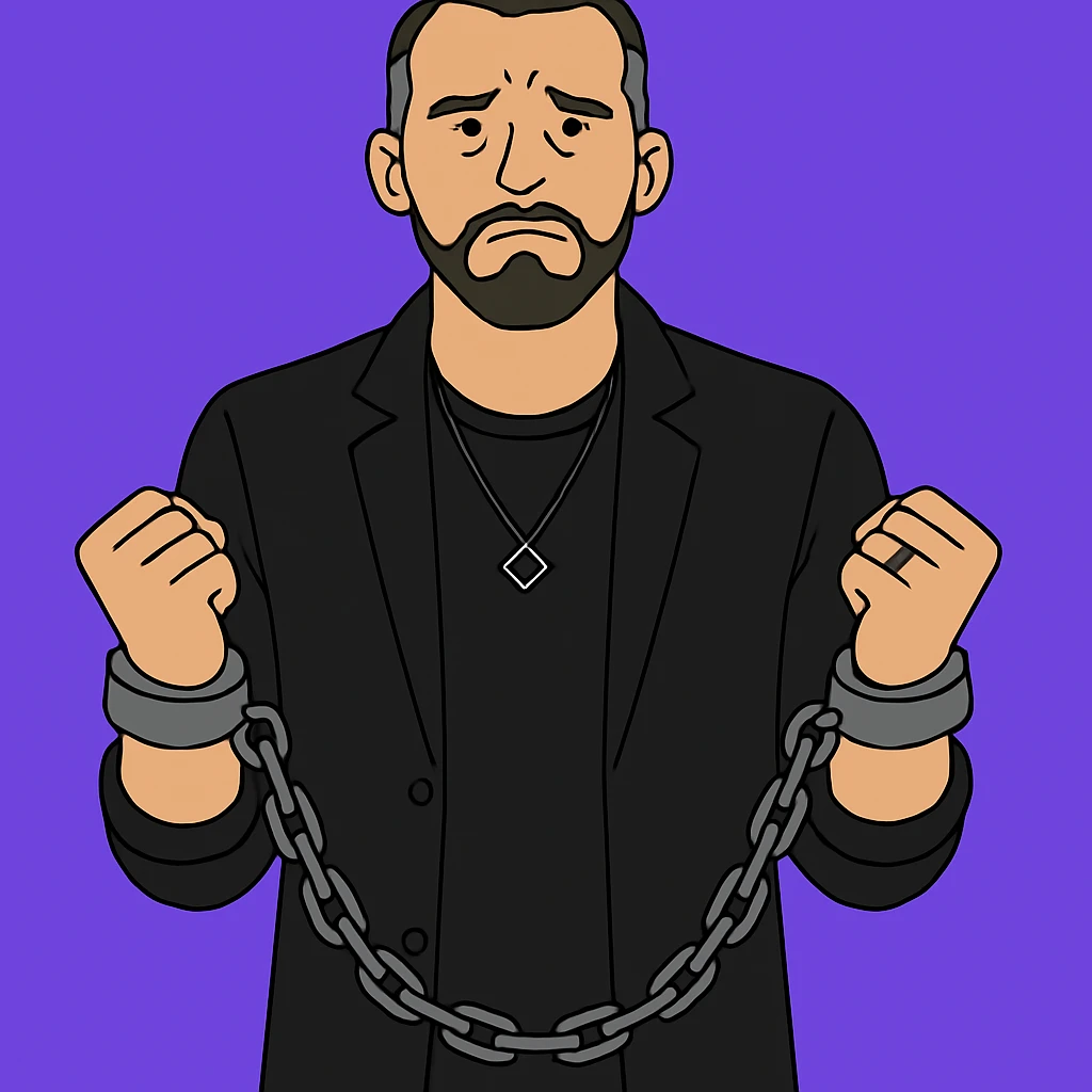 Используя такую стилистику как на картинках сгенерируй мужчину в одежде как на фото. Он стоит и расстроенно смотрит на зрителя, на его руках кандалы и цепи, которые тянут его вниз emoji