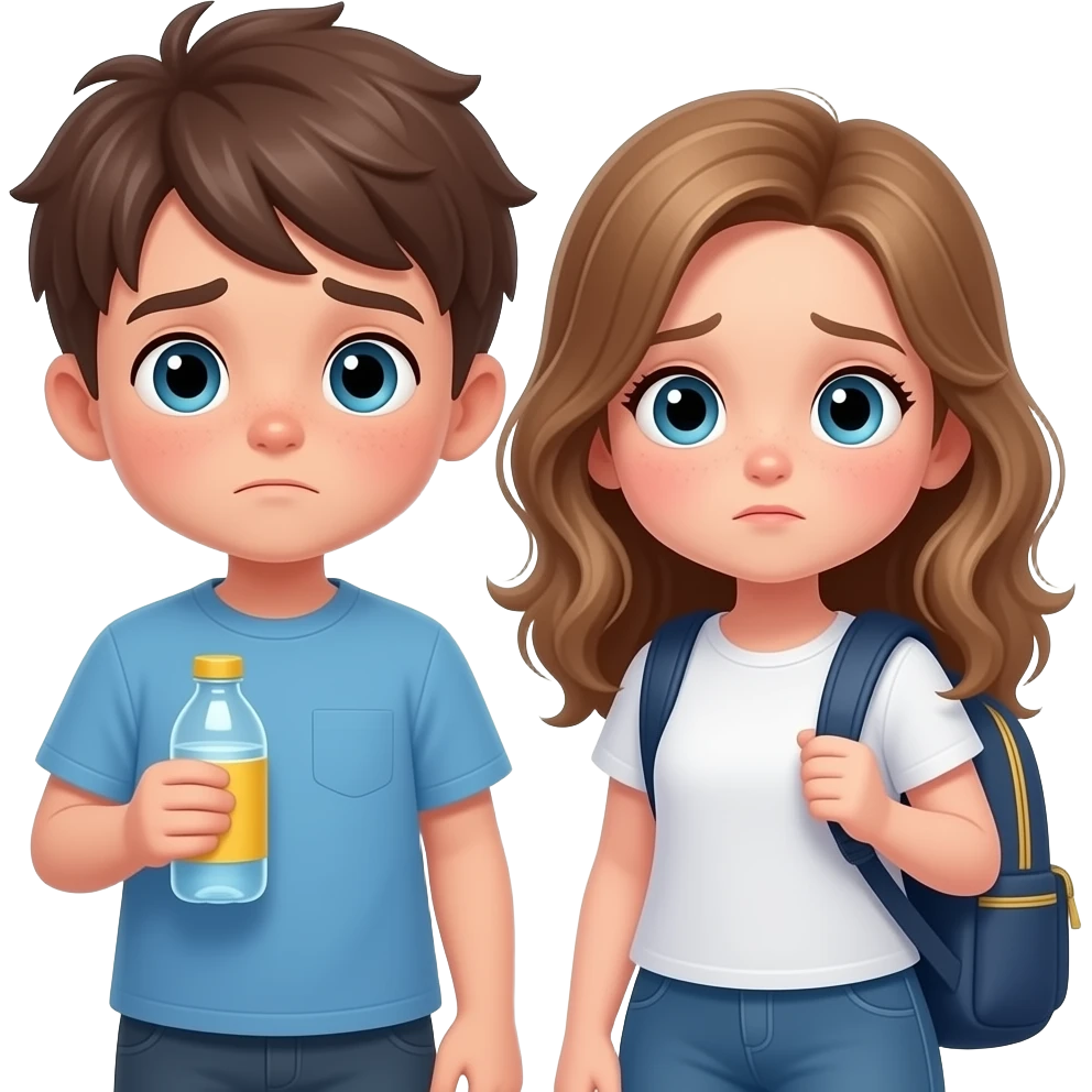 chico y chica  cansados el chico castanyo i con pelo corto y la chica pelo suelto y un poco rubia pero castaño y los dos tienen ojos azules son hermanos con uno una botella i otro una mochila. emoji