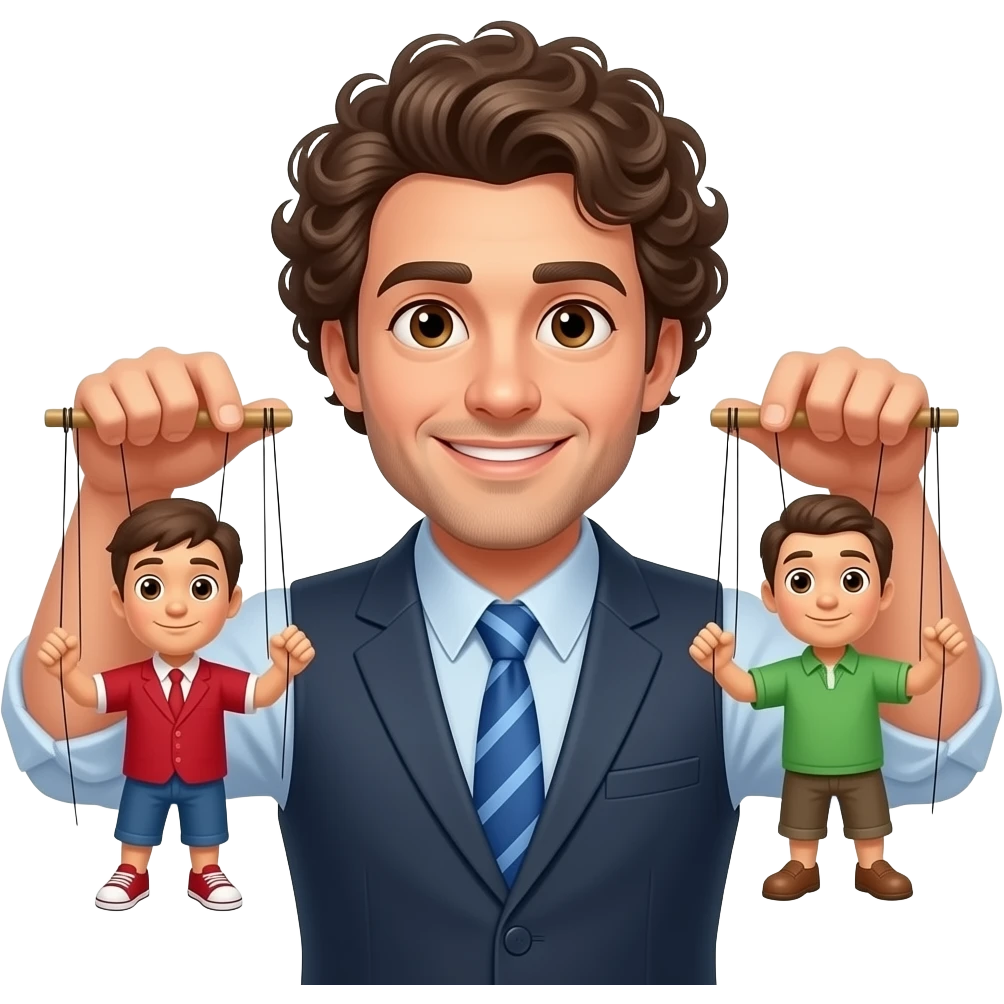 Uomo occhi marroni capelli ricci che gestisce le sue marionette emoji