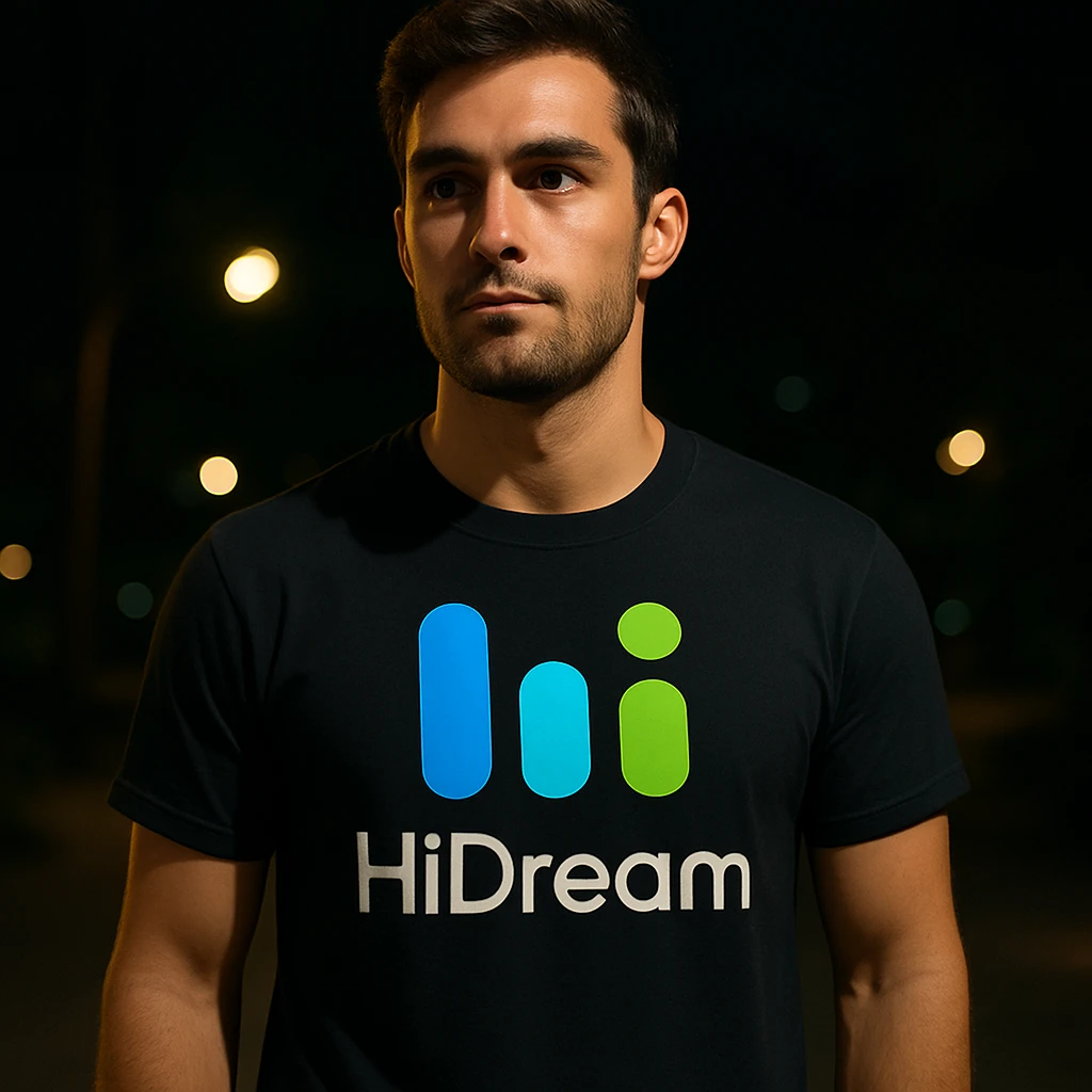 man wearing tshirt with this logo, dark night background with dim lights emoji