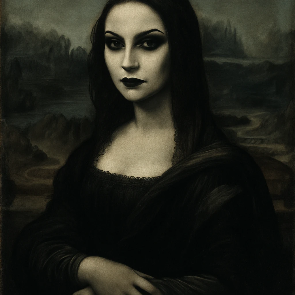Mona Lisa in gothic style, dark clothing, moody atmosphere, gothic makeup emoji