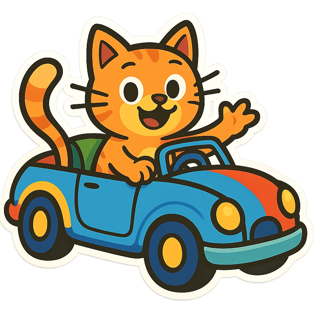 Playful cat driving a convertible car with vibrant colors, background transparent, chibi stickers cartoon style. emoji