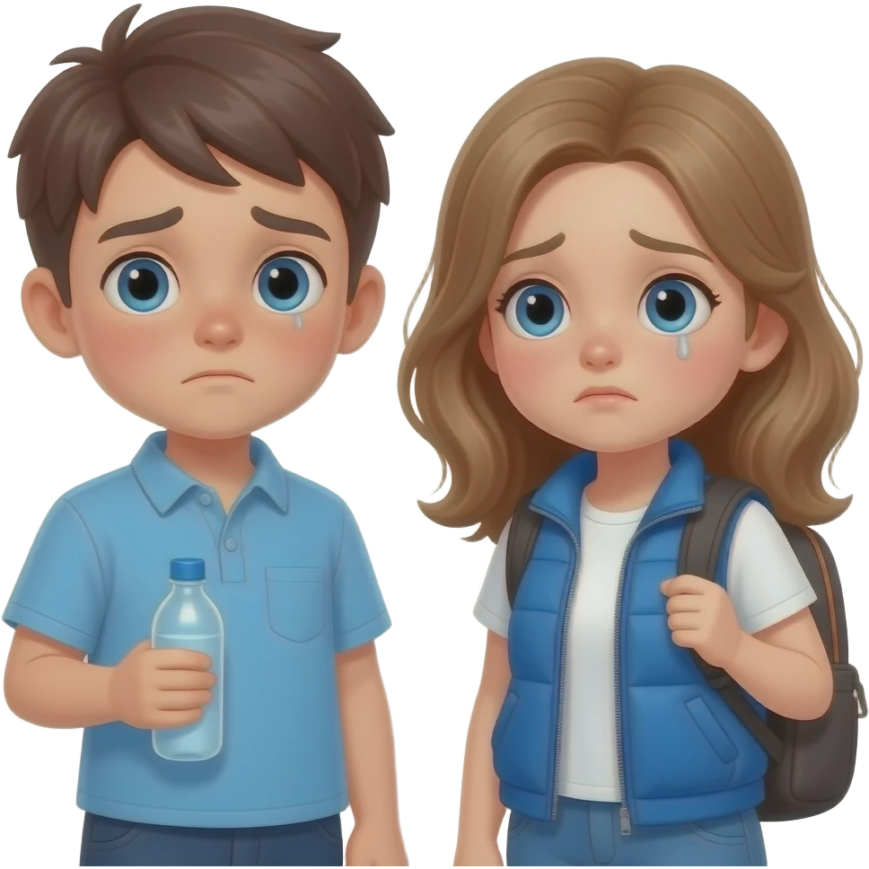 chico y chica  cansados el chico castanyo i con pelo corto y la chica pelo suelto y un poco rubia pero castaño avellana y los dos tienen ojos azules son hermanos con uno una botella i otro una mochila. estan depie. la niña con un peto azul emoji