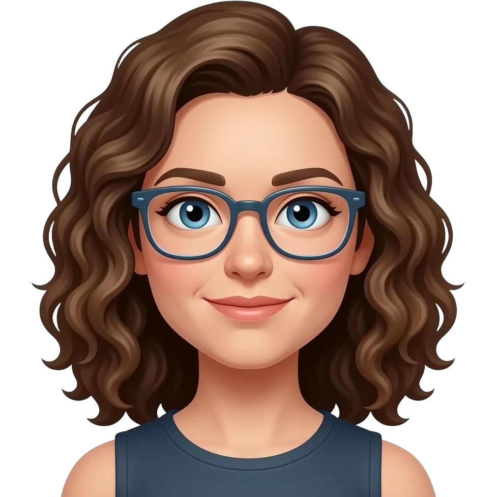 Woman with Brown medium length very curly hair, blue eyes, wide nose and and clear glasses emoji