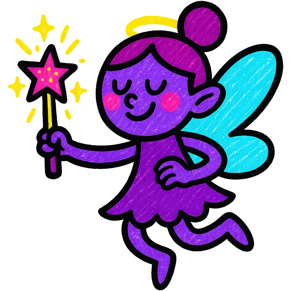 stylized purple fairy holding a glittering magic wand, cartoon logo, elegant and mature emoji