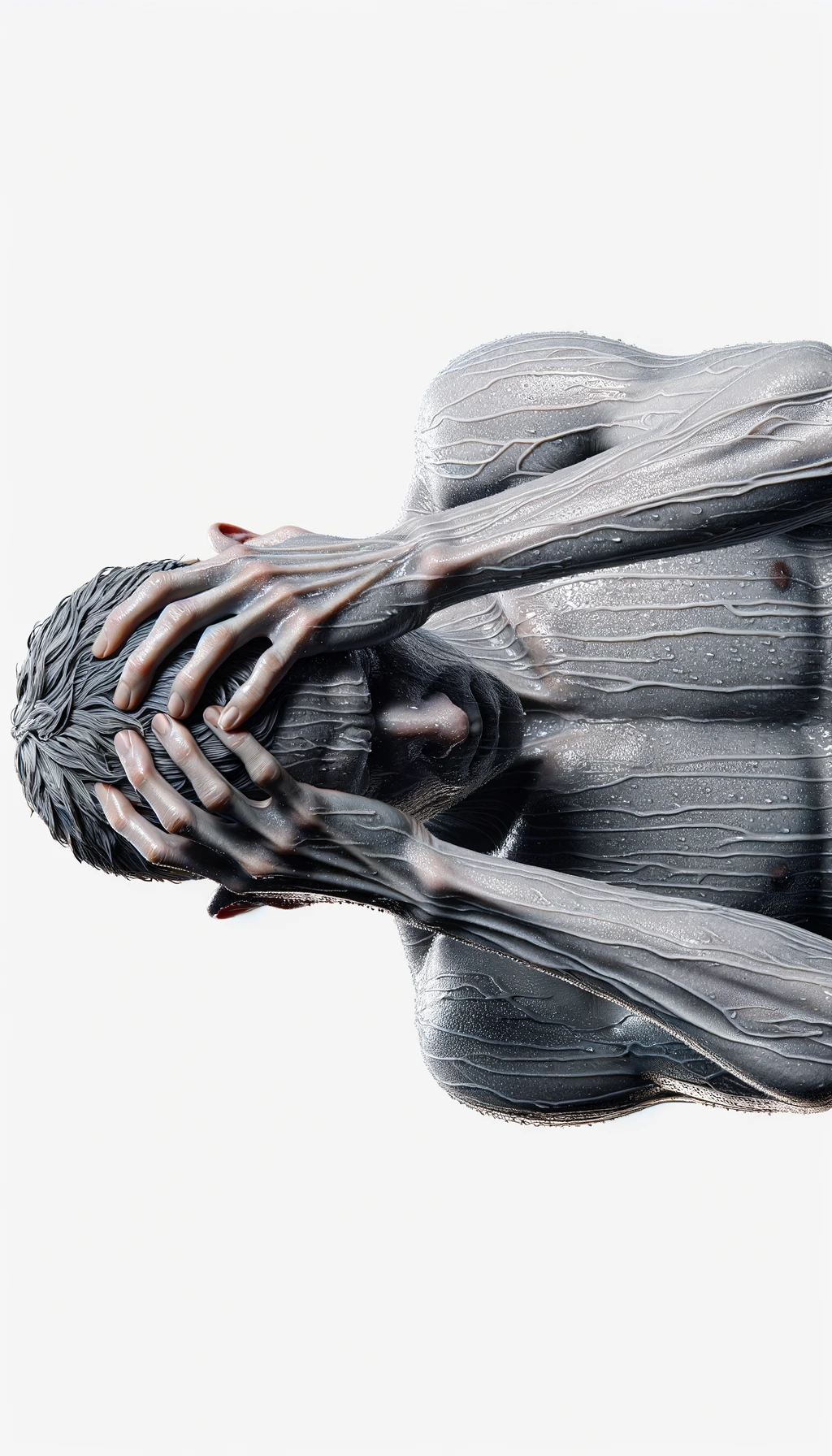 CORPO UMANO ANATOMICO REALISTICO DISPERATO, POSA FRONTALE,  SI TIENE LE MANI SULLA FRONTE E NON SA COSA FARE, SUDATO, IPERREALISTICO 4K, SFONDO BIANCO emoji