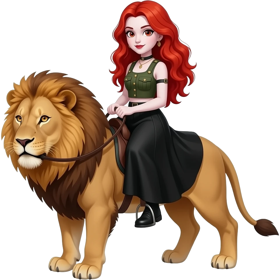 Vampiro femmina adolescente con capelli lunghi rosso fuoco ondulati con pelle bianca con gonna lunga nera e top canottiera stile militare che cavalca un leone FEMMINA emoji