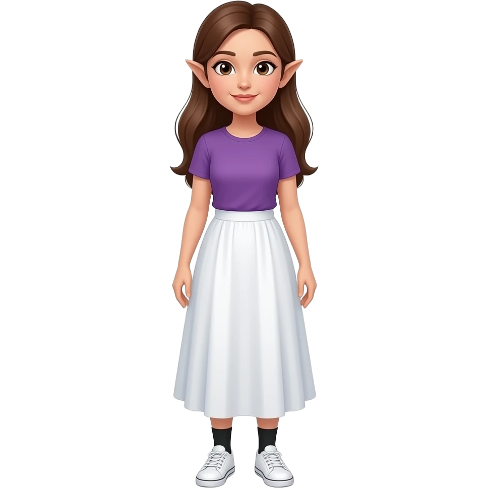 An adult woman with white/fair skin, long brown hair, brown eyes and pointy ears and wearing a long white skirt, a purple t-shirt, black socks and white sneakers.. emoji