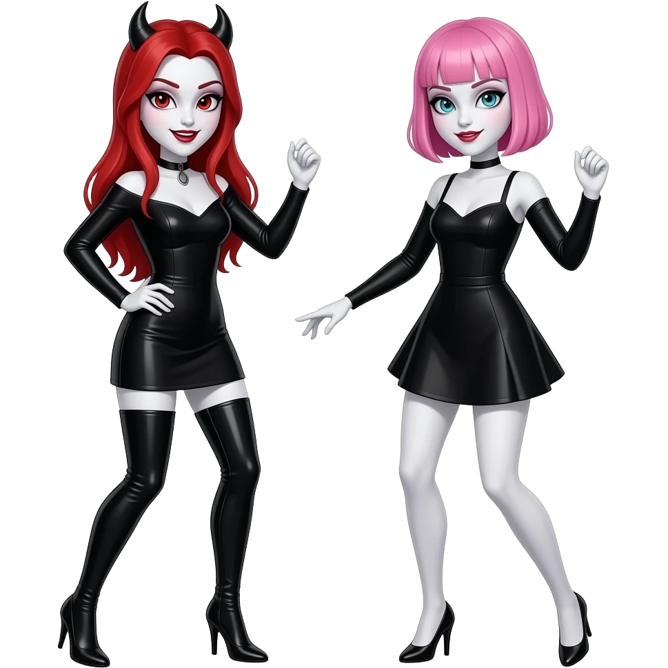 Vampiro femmina con pelle bianca e capelli rossi indossa un vestito corto nero con le maniche lunghe e degli stivali lunghi con tacco neri è in discoteca insieme alla sua amica VAMPIRO con i capelli corti rosa e la frangia che indossa un vestito corto nero con le maniche lunghe e la pelle bianca emoji