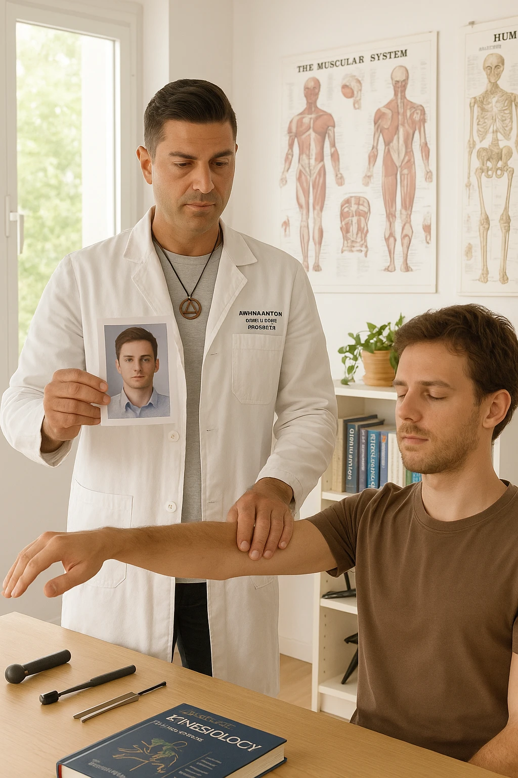 a middle-aged man, dressed in casual professional attire, is in a bright, organized therapy studio. Durante una visita di kinesiologia, il ragazzo tiene con una mano la foto di una persona lontana (il “testimone”) tiene la foto in mano, mentre con l’altra mano esegue un test muscolare su un cliente presente. Sullo sfondo si vedono libri di kinesiologia, poster anatomici e strumenti tipici della disciplina. L’atmosfera è concentrata e serena, con luce naturale che entra dalla finestra, sottolineando l’aspetto alternativo e umano della pratica. emoji