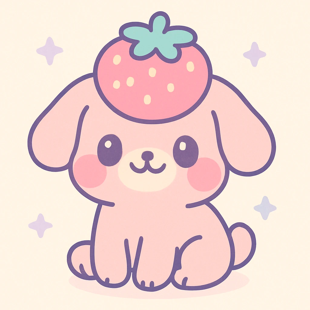 strawberry dog sitting, strawberry crown for hair, chubby cheeks, smiling, kawaii style emoji