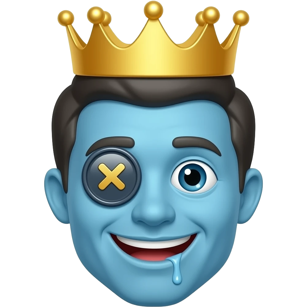 A blue guy with a  button  that has an x on it for his left eye he’s smiling and drooling and he has a crown emoji