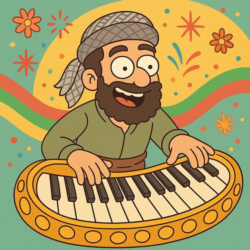 cartoon keyboard theme inspired by daf instrument and Kurdish dance, cheerful colorful background, keys with golden cartoon borders emoji