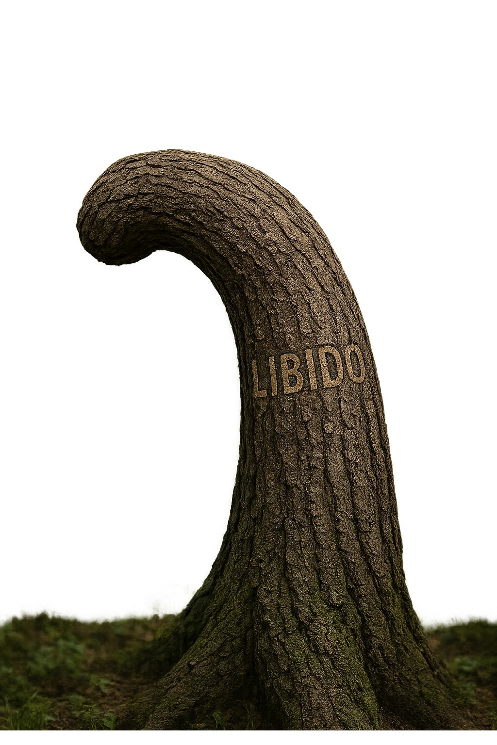 Realistic, vertical 4K illustration: a hyperrealistic tree trunk in a forest setting, noticeably bent, drooping, or wilted instead of standing upright. The bark is textured and detailed WITH THE WORD "LIBIDO" PRINTED ON IT, with subtle cracks and faded colors suggesting loss of vitality. Soft, natural light filters through the surrounding trees, casting gentle shadows. The scene is quiet and contemplative, with the trunk’s unusual, slumped posture symbolizing a decline in male libido. The background is lush and detailed, but the focus remains on the central, softened trunk, evoking a sense of vulnerability and introspection. emoji