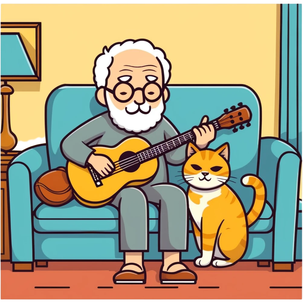  old blind man playing ￼guitar  on the couch ￼with his ￼golden cat  emoji