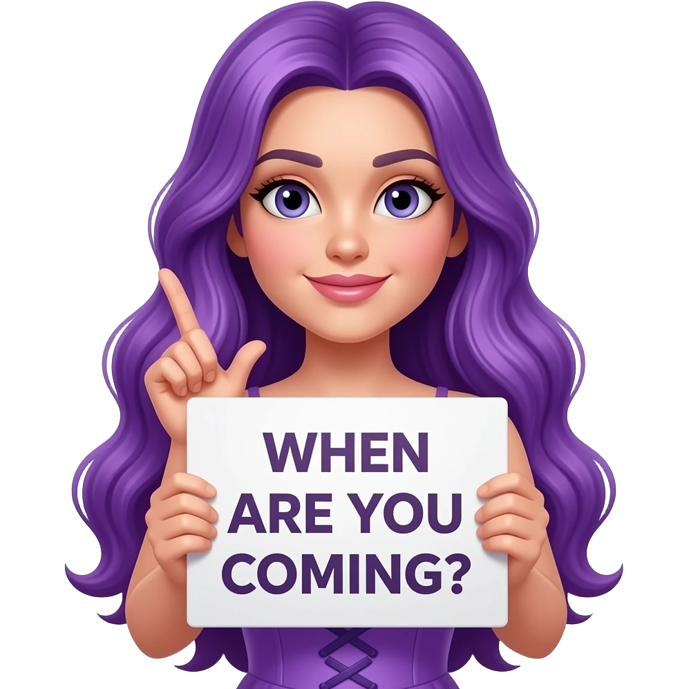 sexy girl with long purple hair wearing a  sexy dress holding a WHEN ARE YOU COMING? sign emoji