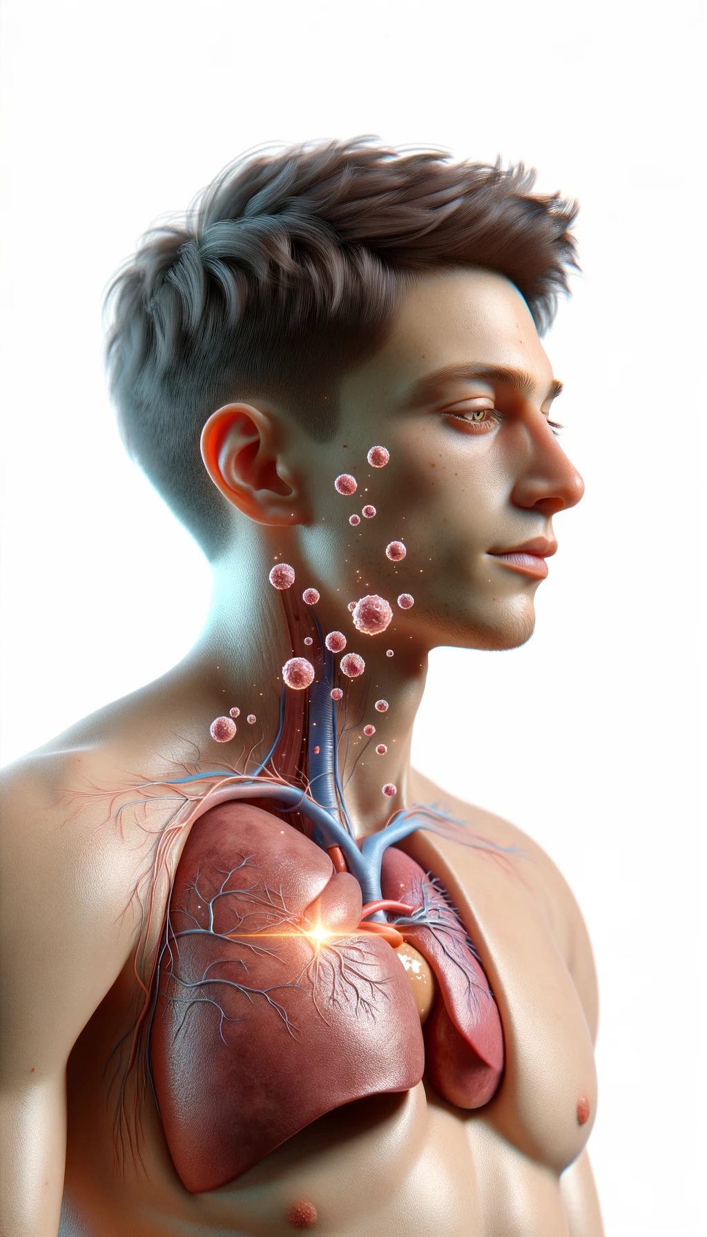 corpo umano anatomico con capelli corti e gli occhi chiusi, intorno a lui fluttuano cellule, fegato in evidenza, ha l'espressione rilassata, visto dal fianco iperrealistica 4k, isolato su sfondo bianco emoji